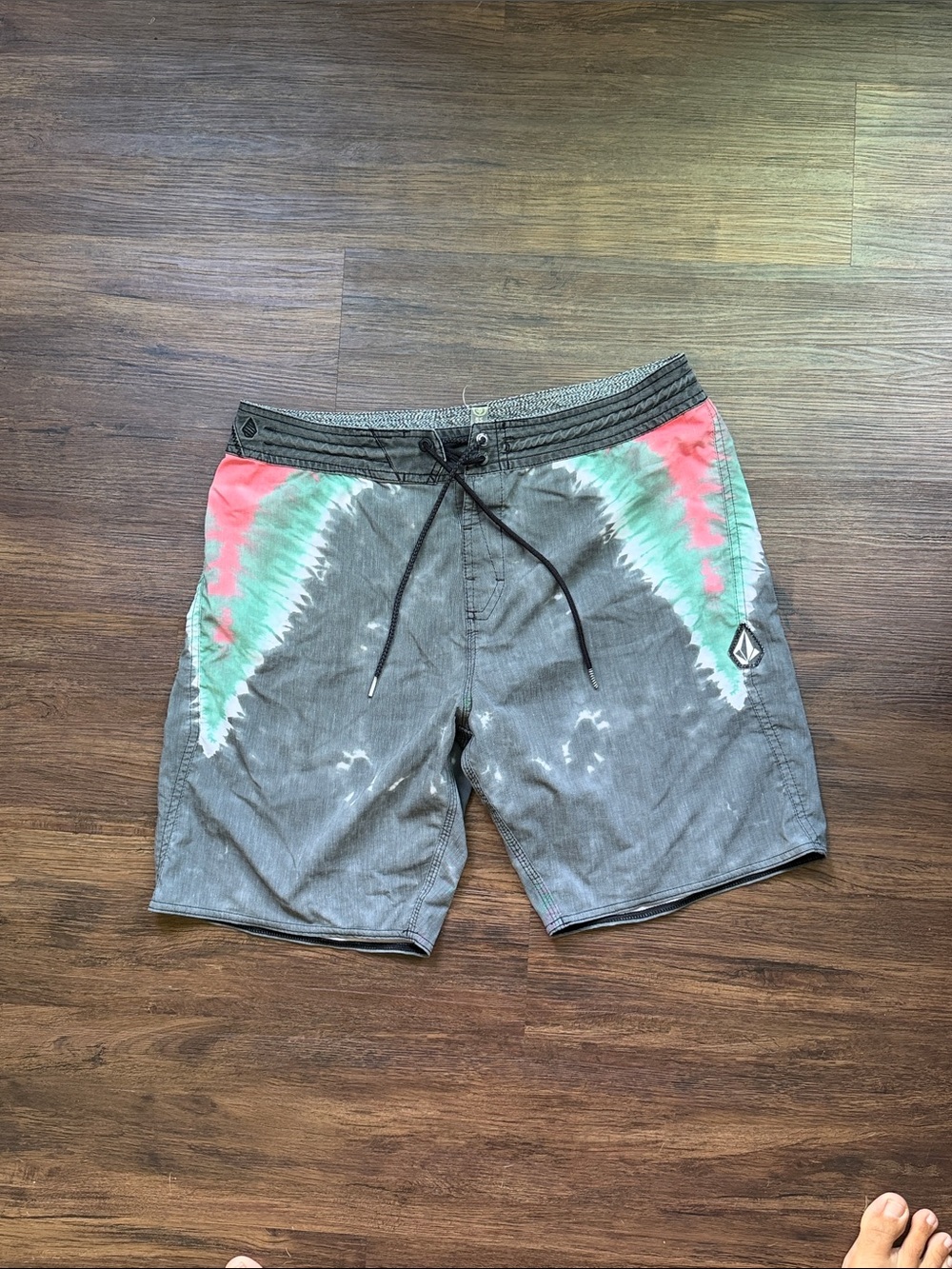 Volcom Gray Board Shorts with Coral & Mint Tie-Dye Accents
